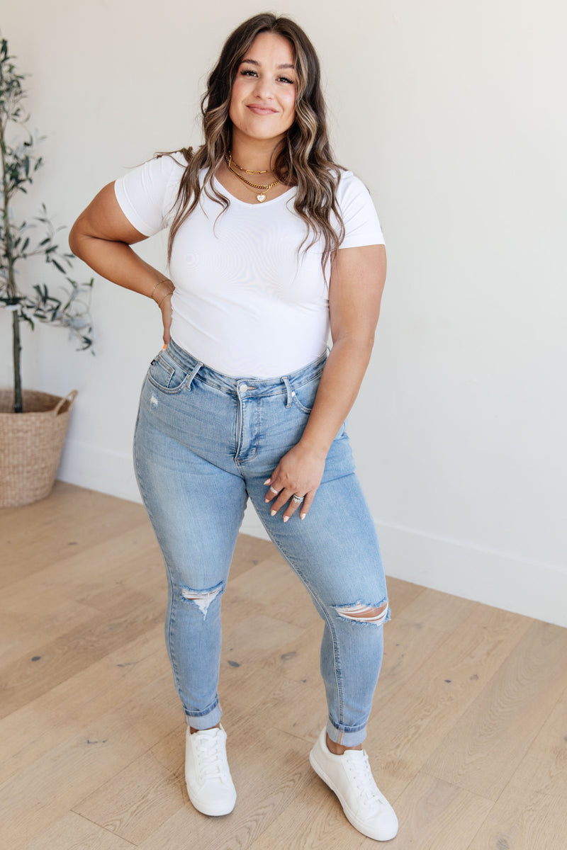 Eloise Mid Rise Control Top Distressed Skinny Jeans - Kayes Boutique