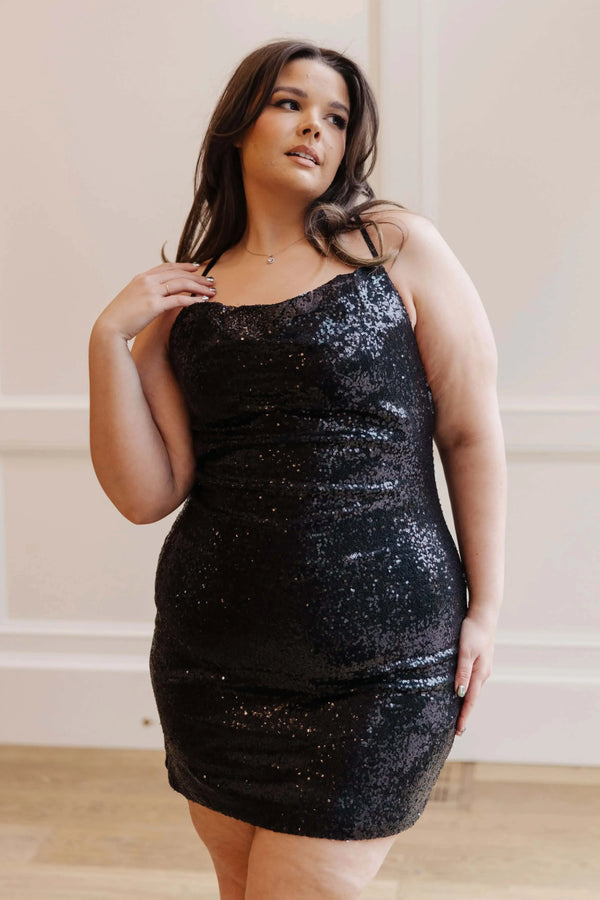 A lady shining in black sequins dress