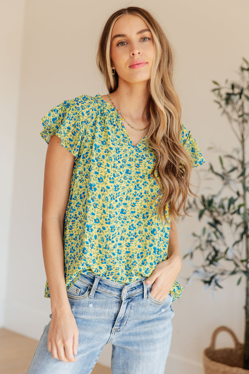 Anywhere We Go Flutter Sleeve Top in Blue Combo - Kayes Boutique