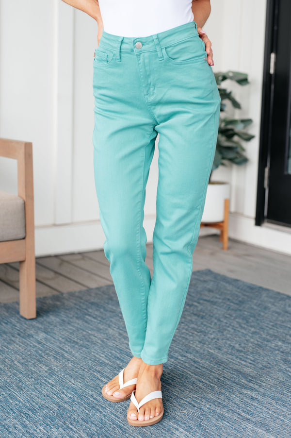 Bridgette High Rise Garment Dyed Slim Jeans in Aquamarine - Kayes Boutique