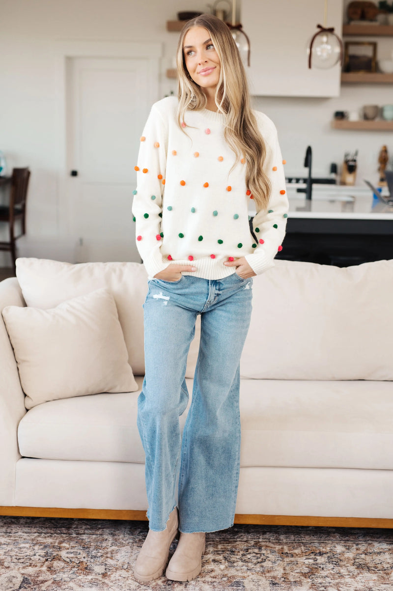Kaye's boutique Candy Buttons Pom Detail Sweater