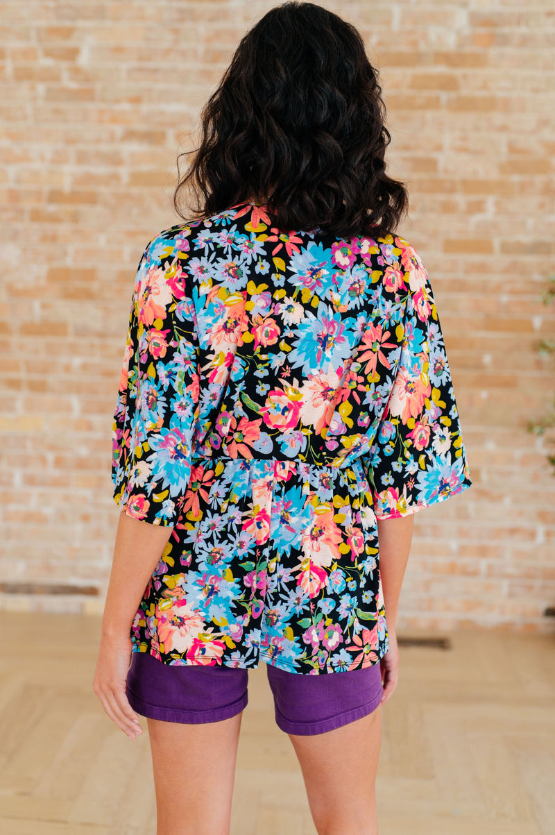 Dreamer Peplum Top in Black Multi Floral - Kayes Boutique