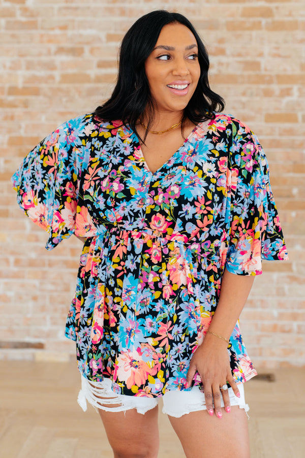 Dreamer Peplum Top in Black Multi Floral - Kayes Boutique
