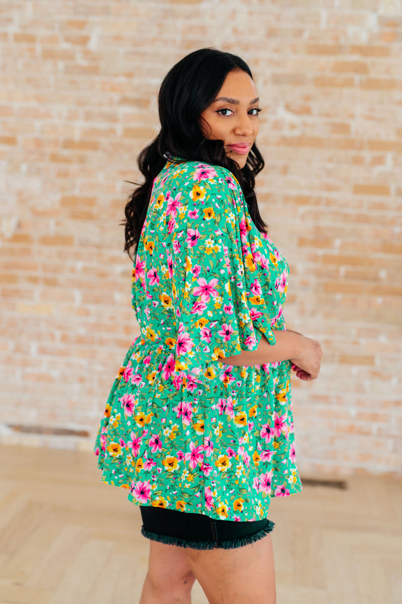 Dreamer Peplum Top in Emerald and Pink Floral - Kayes Boutique