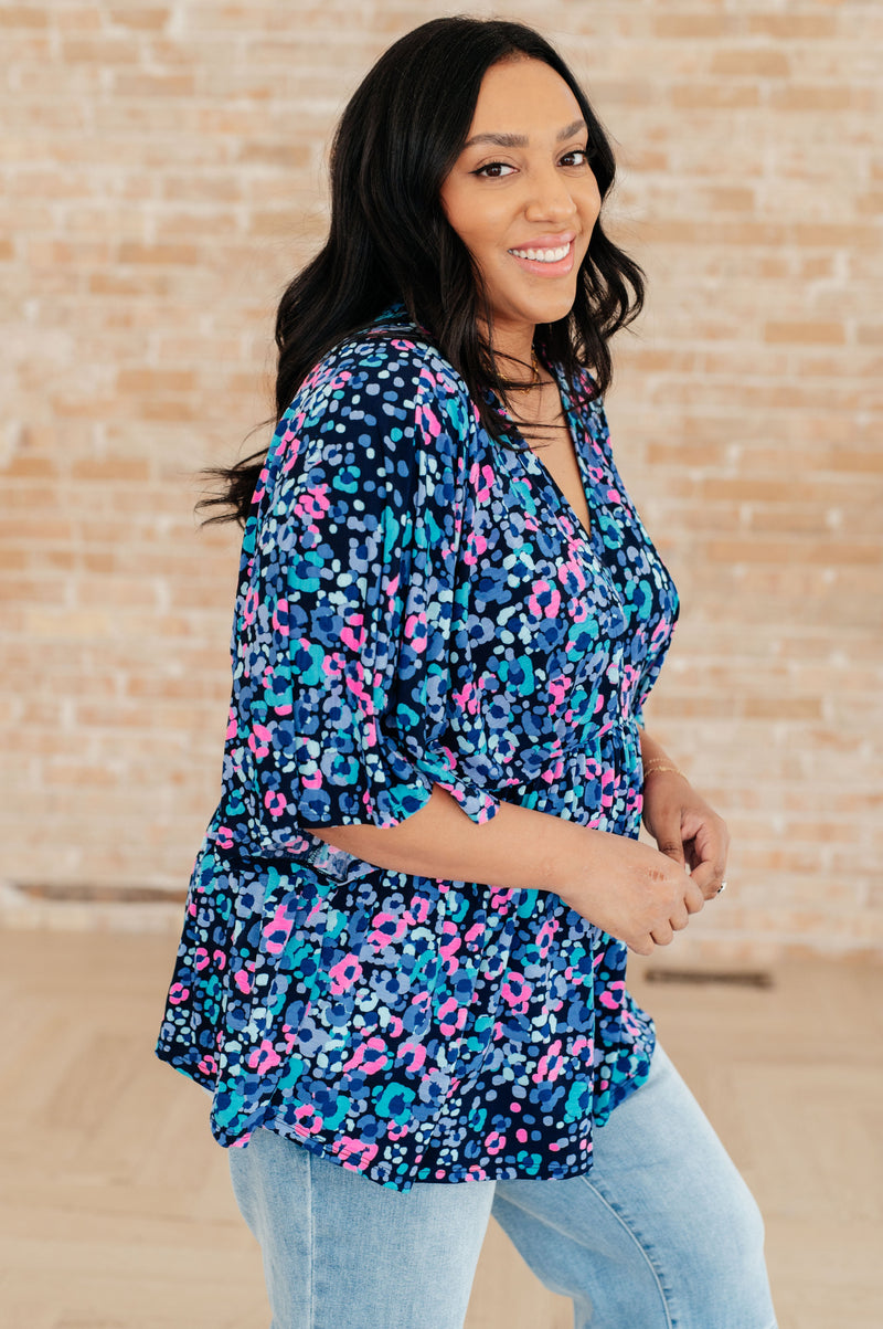 Dreamer Peplum Top in Navy and Lavender Animal Print - Kayes Boutique