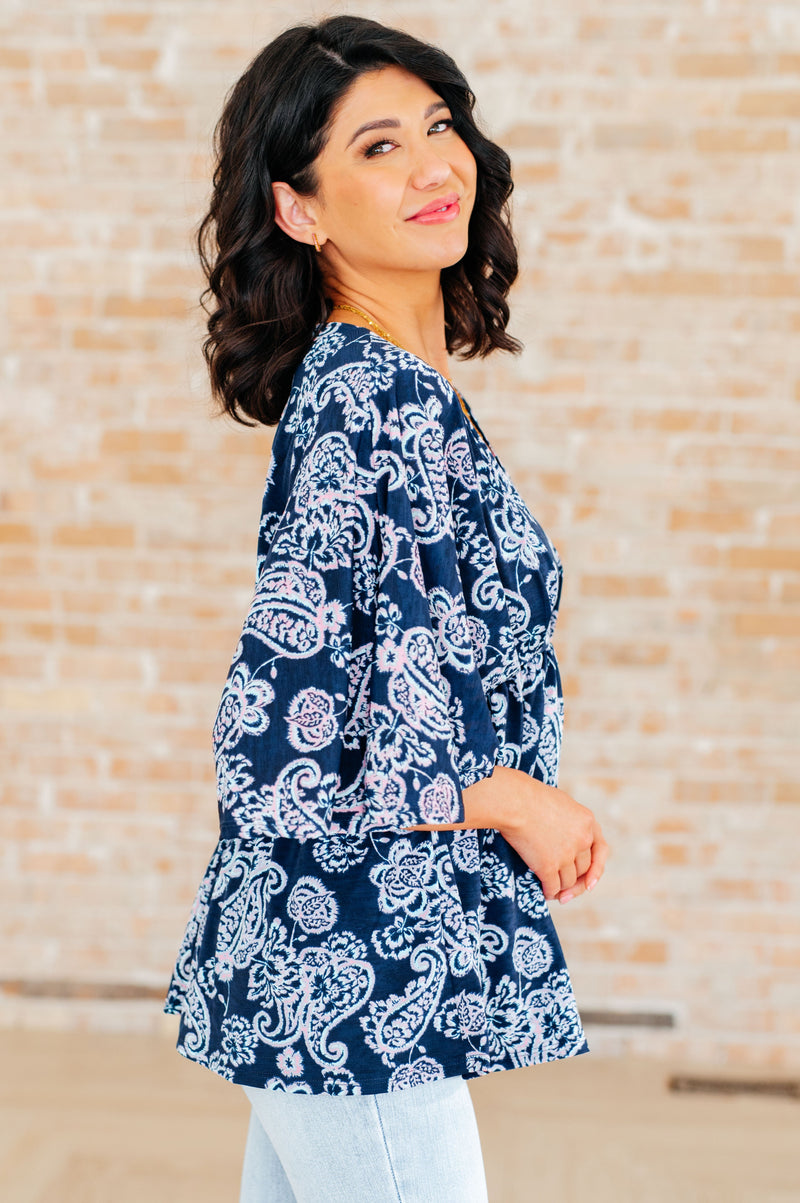 Dreamer Peplum Top in Navy and Pink Paisley - Kayes Boutique