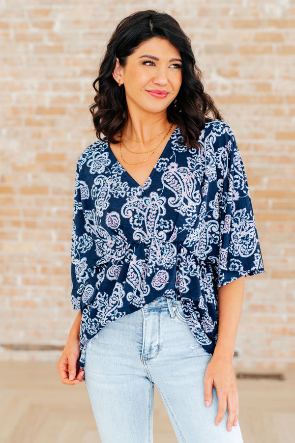 Dreamer Peplum Top in Navy and Pink Paisley - Kayes Boutique