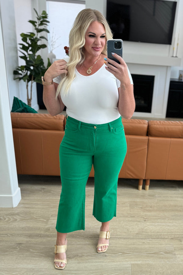 Lisa High Rise Control Top Wide Leg Crop Jeans in Kelly Green - Kayes Boutique