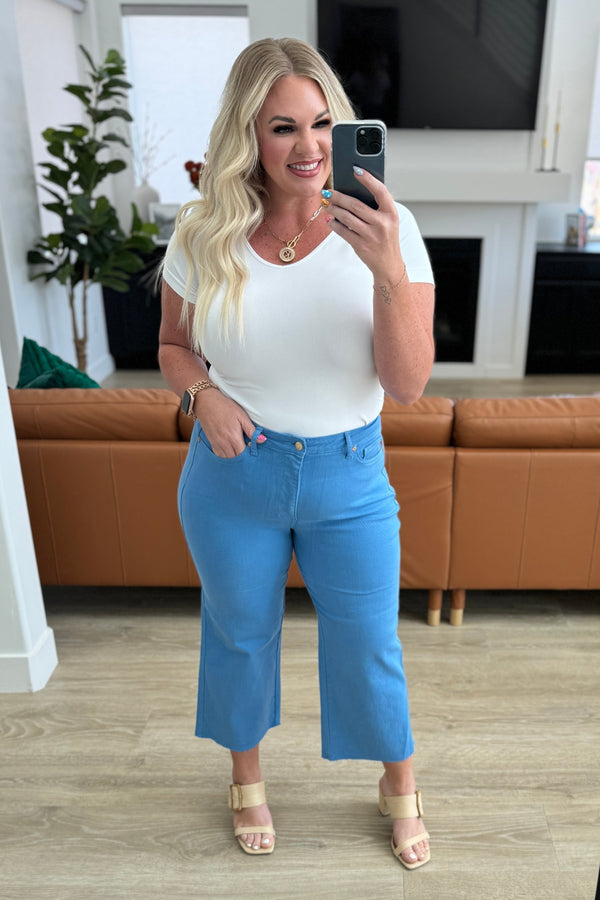 Lisa High Rise Control Top Wide Leg Crop Jeans in Sky Blue - Kayes Boutique