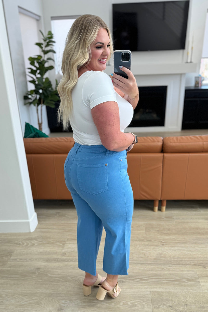 Lisa High Rise Control Top Wide Leg Crop Jeans in Sky Blue - Kayes Boutique