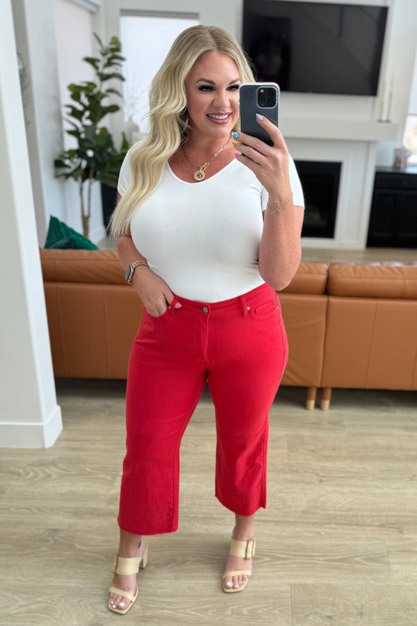 Lisa High Rise Control Top Wide Leg Crop Jeans in Red - Kayes Boutique