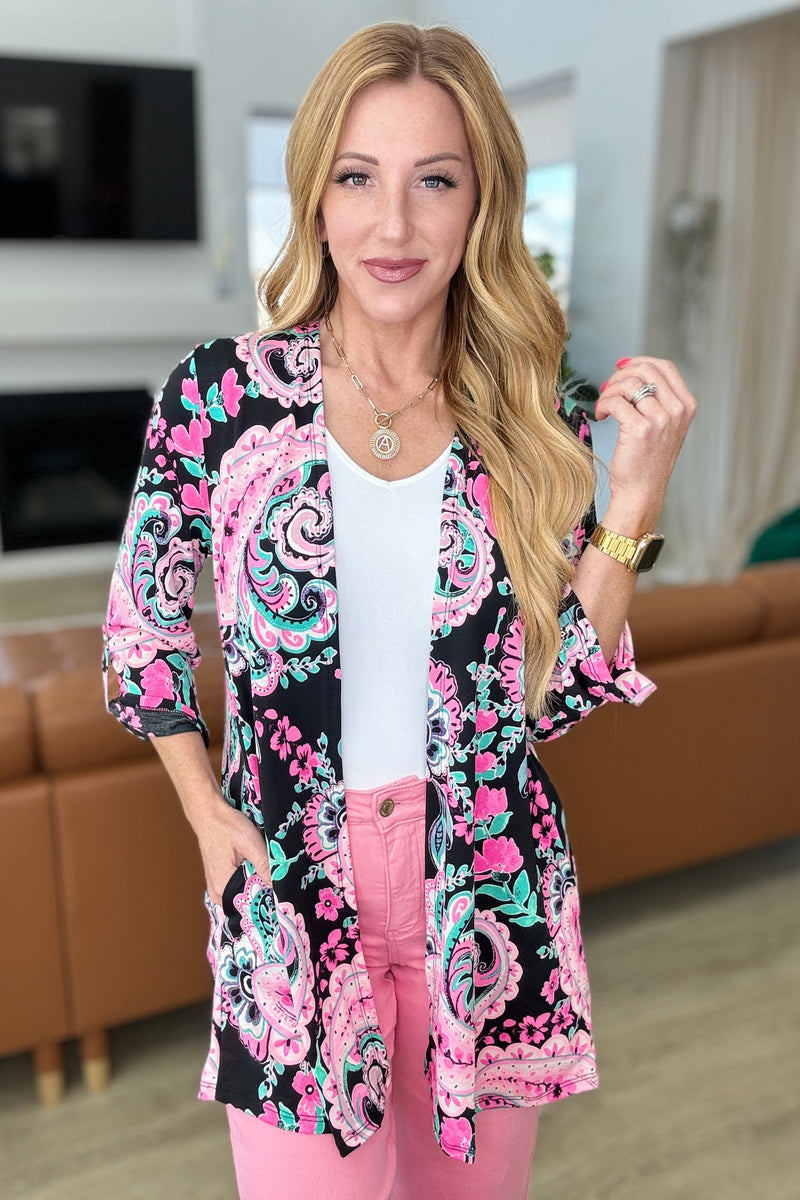 Lizzy Cardigan in Black and Pink Jumbo Paisley - Kayes Boutique