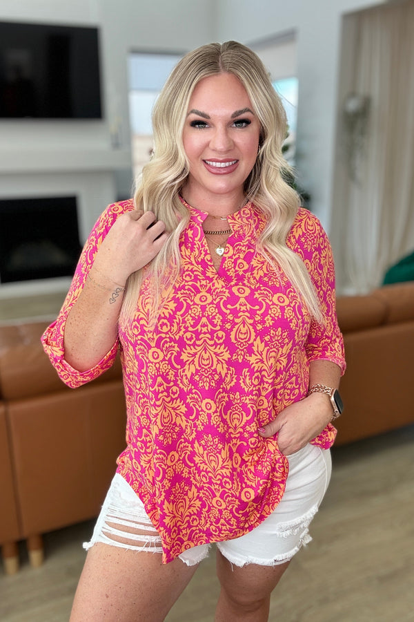 Lizzy Top in Hot Pink and Tangerine Damask - Kayes Boutique