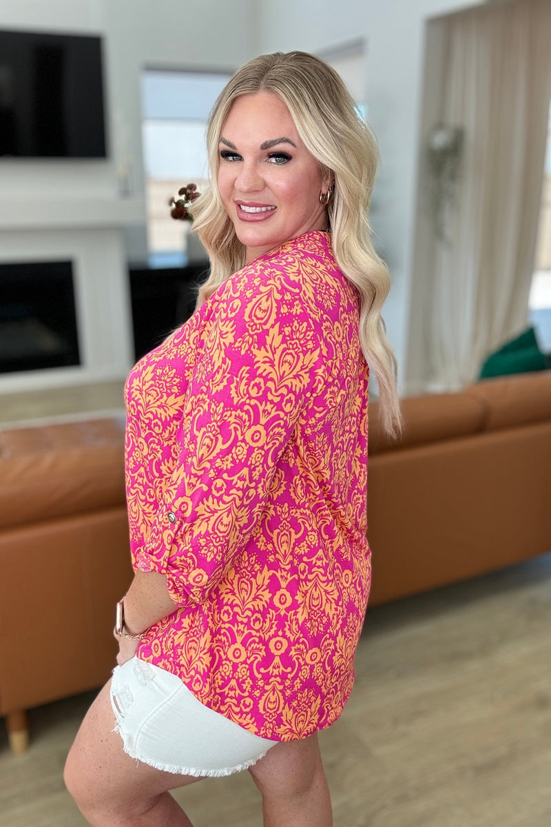Lizzy Top in Hot Pink and Tangerine Damask - Kayes Boutique