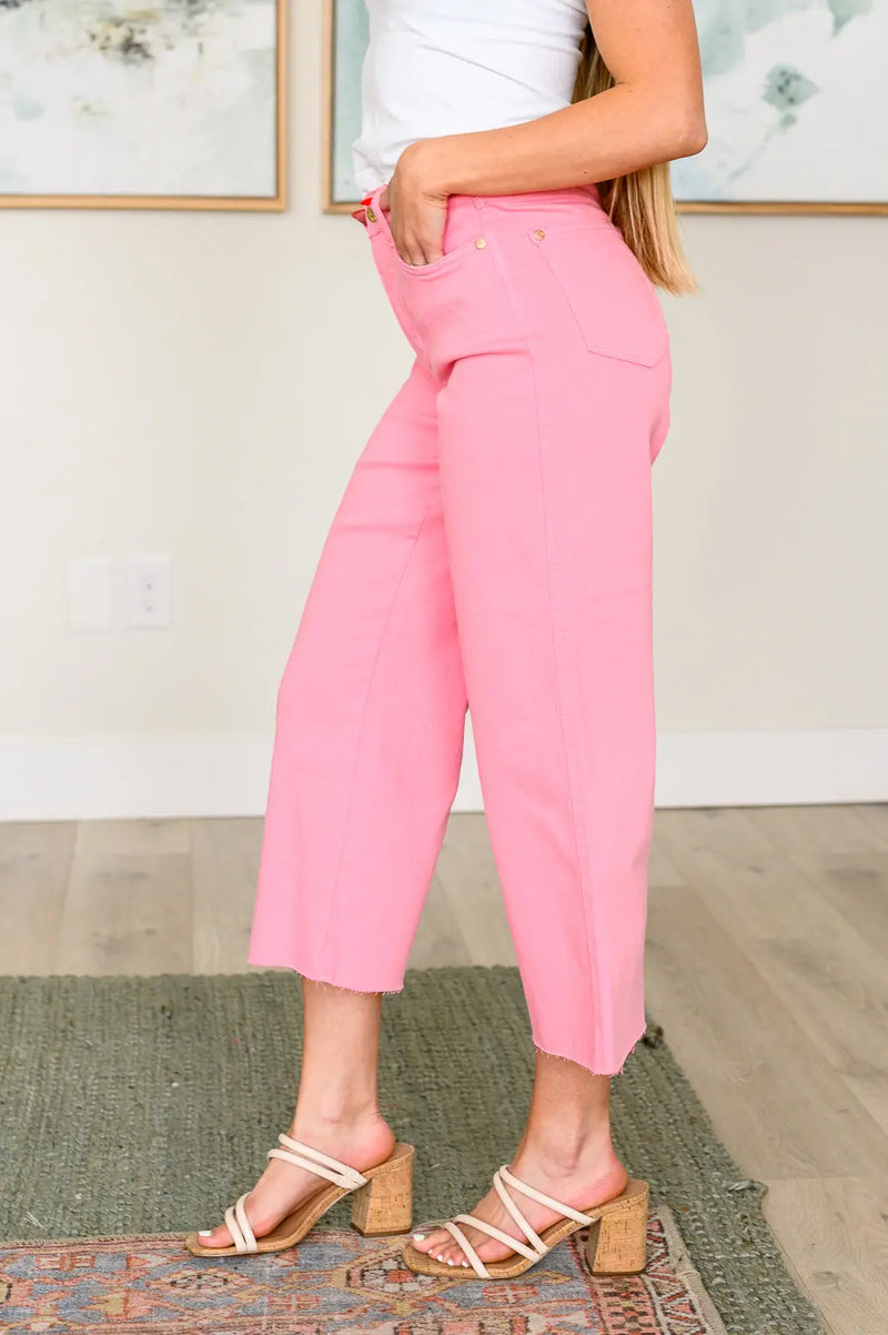Lisa High Rise Control Top Wide Leg Crop Jeans in Pink - Kayes Boutique
