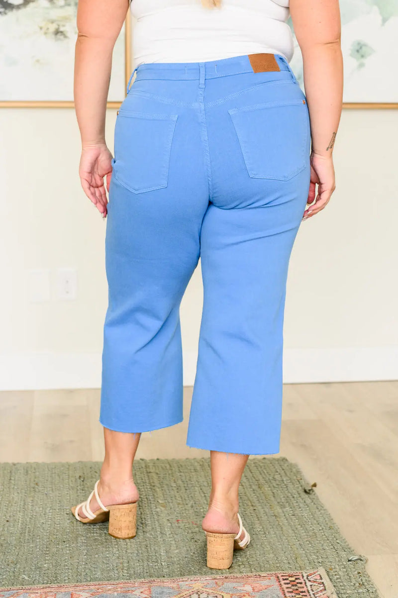 Lisa High Rise Control Top Wide Leg Crop Jeans in Sky Blue - Kayes Boutique