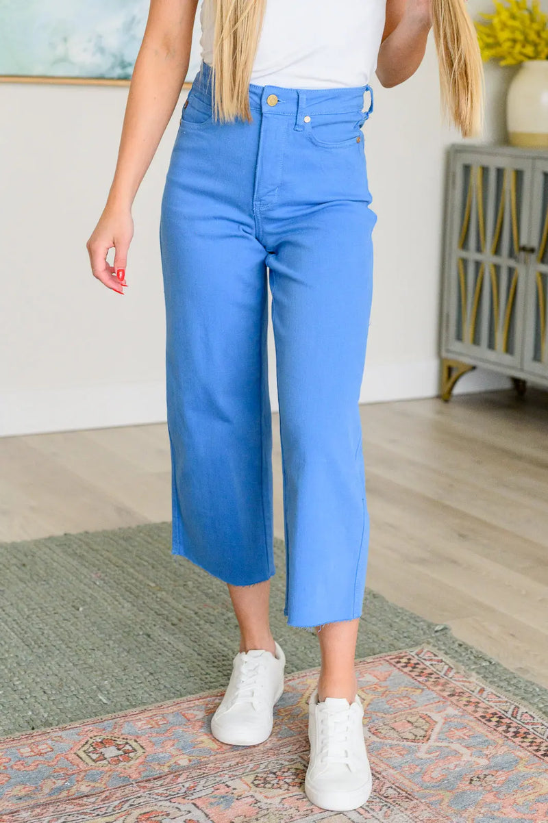 Lisa High Rise Control Top Wide Leg Crop Jeans in Sky Blue - Kayes Boutique