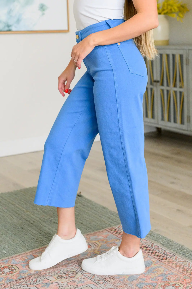 Lisa High Rise Control Top Wide Leg Crop Jeans in Sky Blue - Kayes Boutique