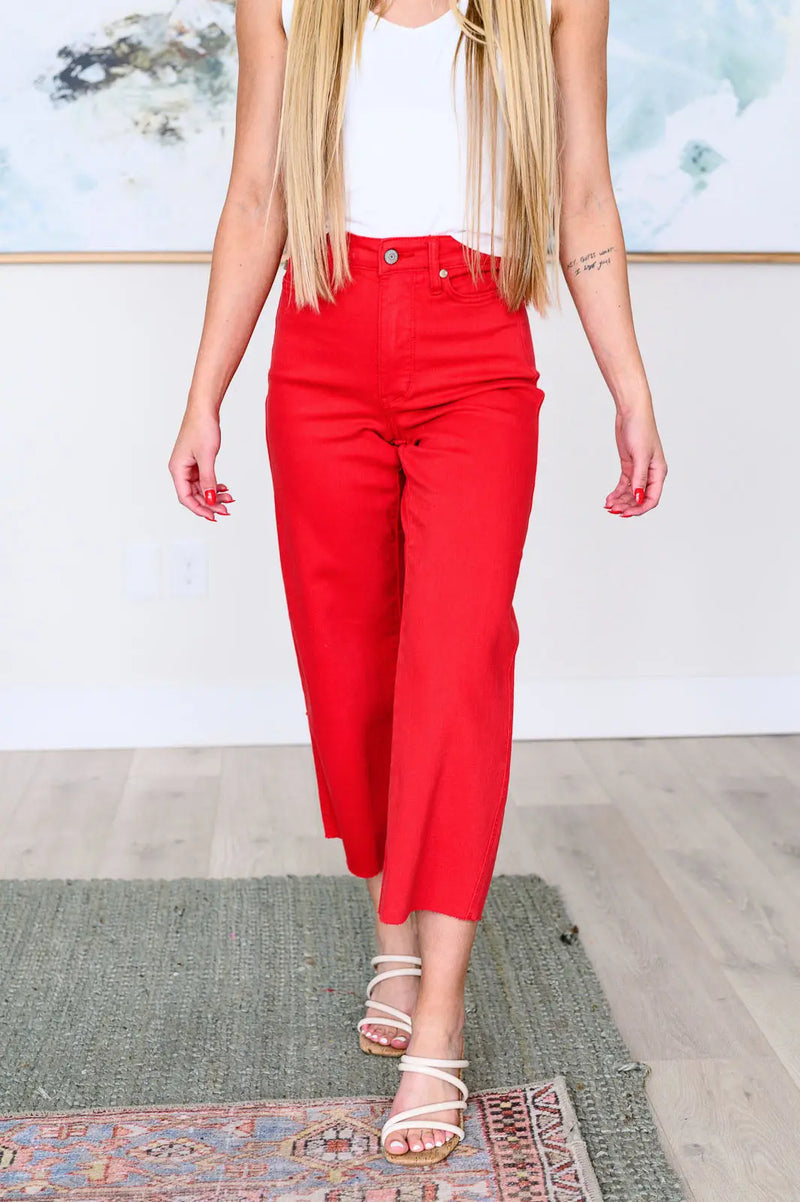 Lisa High Rise Control Top Wide Leg Crop Jeans in Red - Kayes Boutique