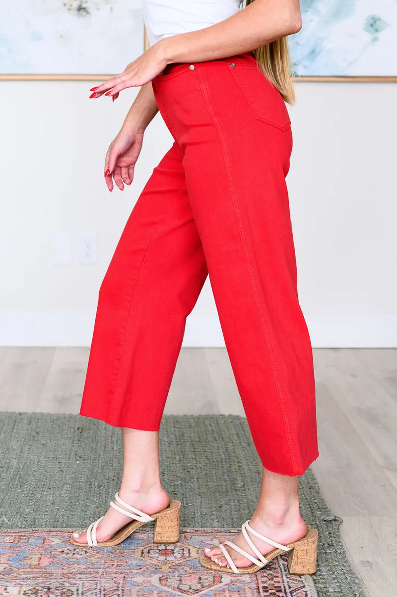 Lisa High Rise Control Top Wide Leg Crop Jeans in Red - Kayes Boutique