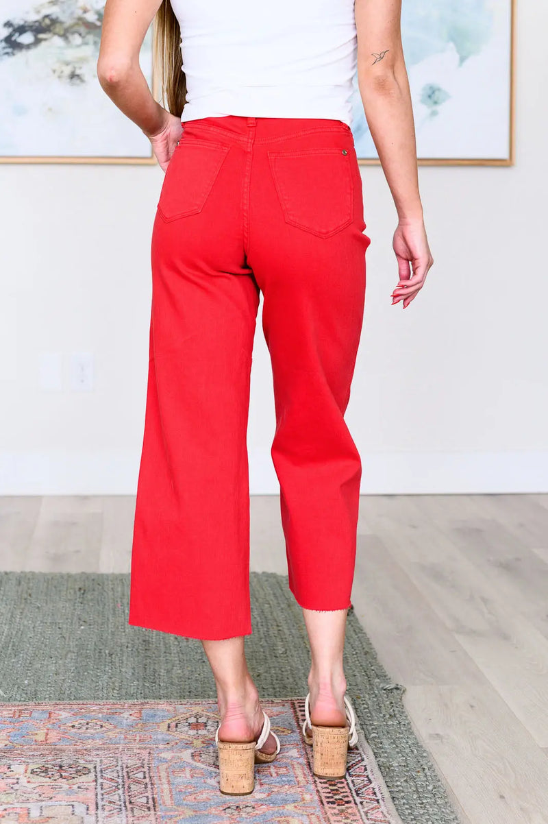 Lisa High Rise Control Top Wide Leg Crop Jeans in Red - Kayes Boutique