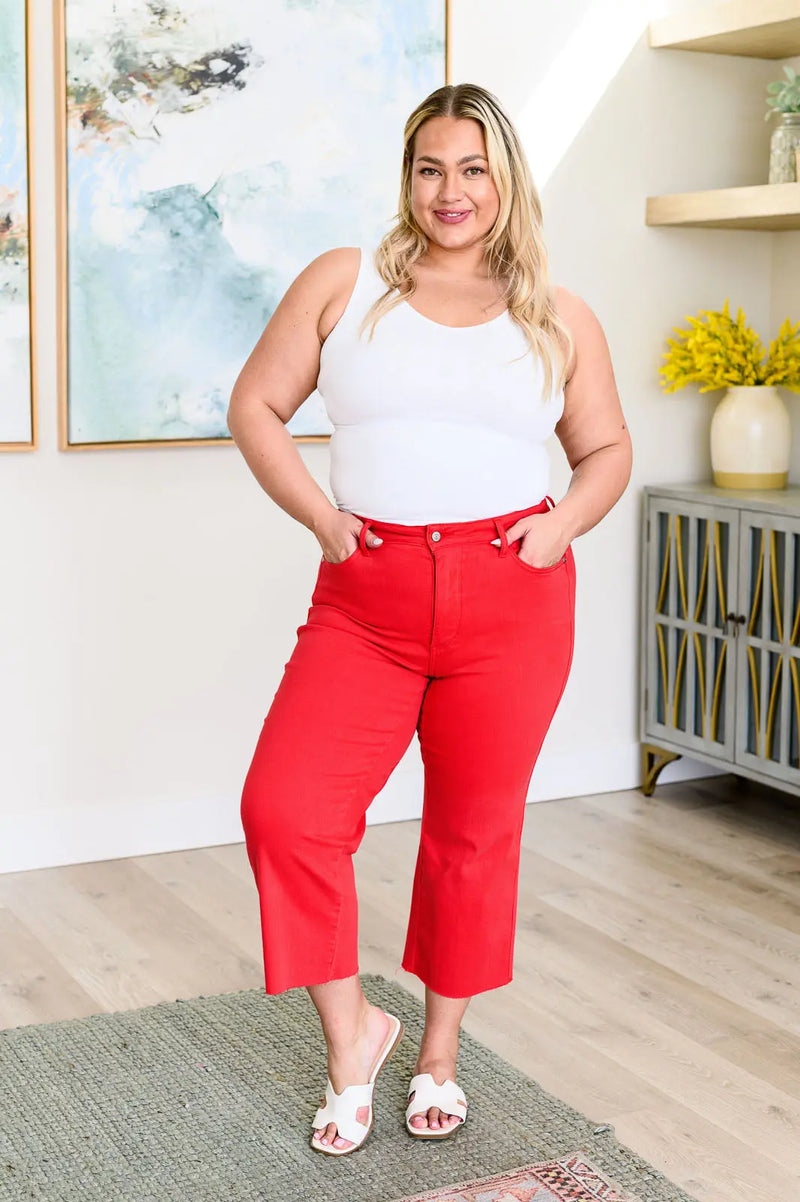 Lisa High Rise Control Top Wide Leg Crop Jeans in Red - Kayes Boutique