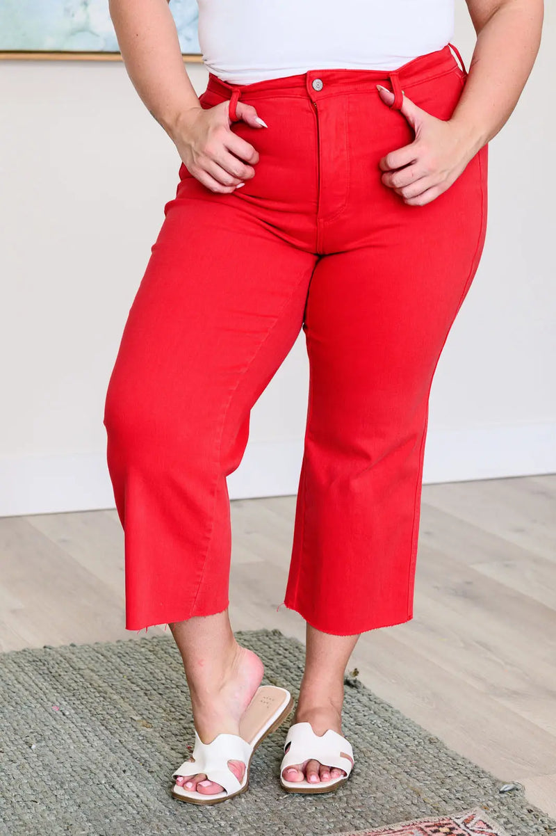 Lisa High Rise Control Top Wide Leg Crop Jeans in Red - Kayes Boutique