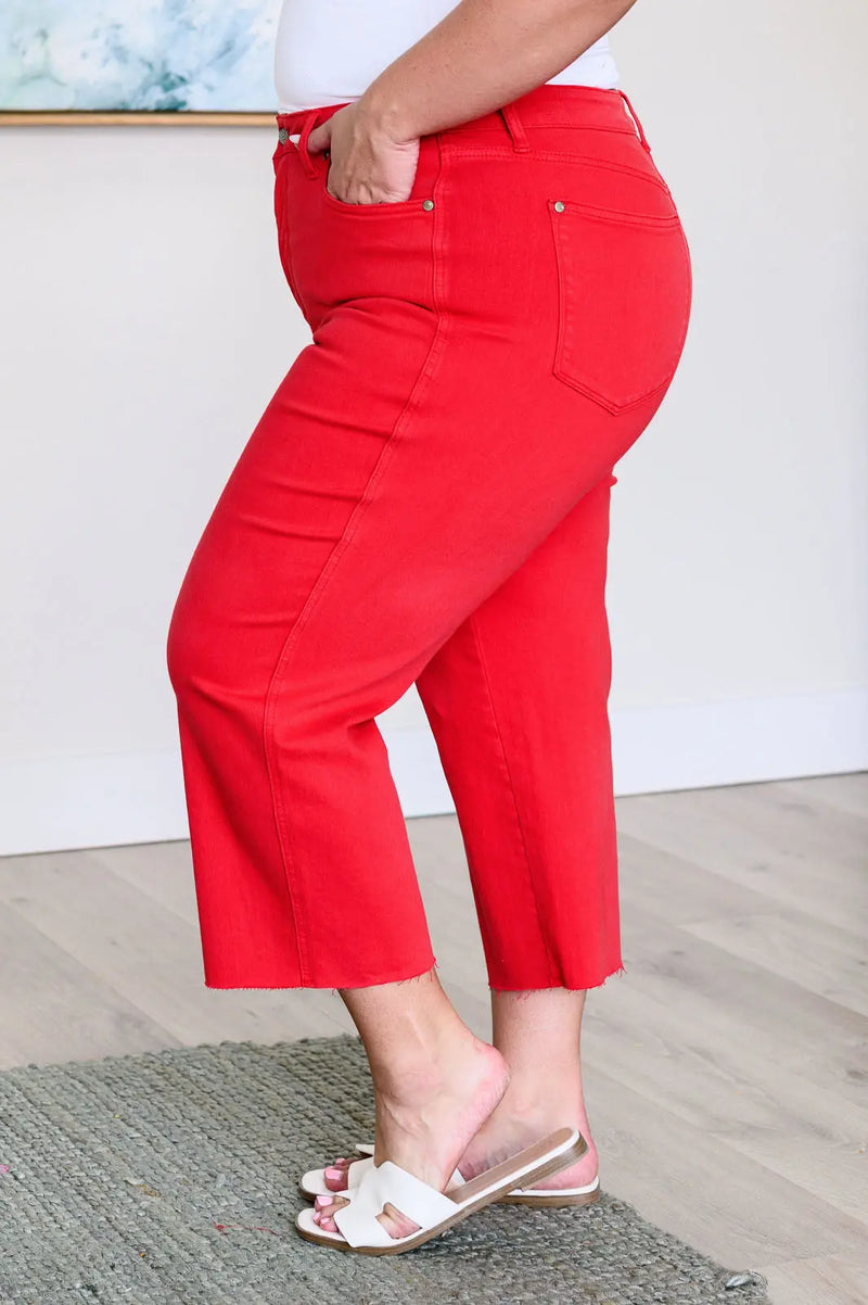 Lisa High Rise Control Top Wide Leg Crop Jeans in Red - Kayes Boutique