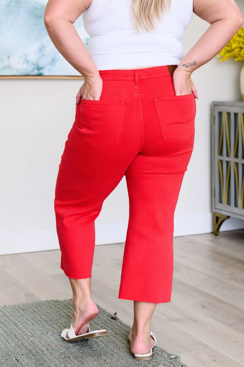 Lisa High Rise Control Top Wide Leg Crop Jeans in Red - Kayes Boutique