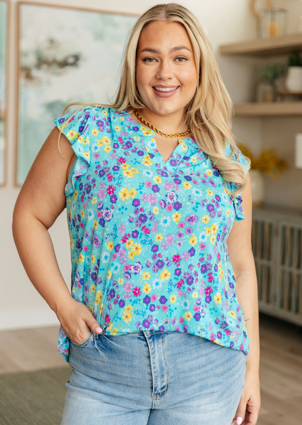Lizzy Flutter Sleeve Top in Teal and Purple Floral - Kayes Boutique