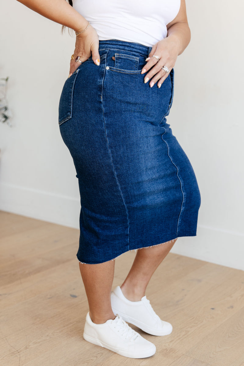 Marcy High Rise Denim Midi Skirt - Kayes Boutique