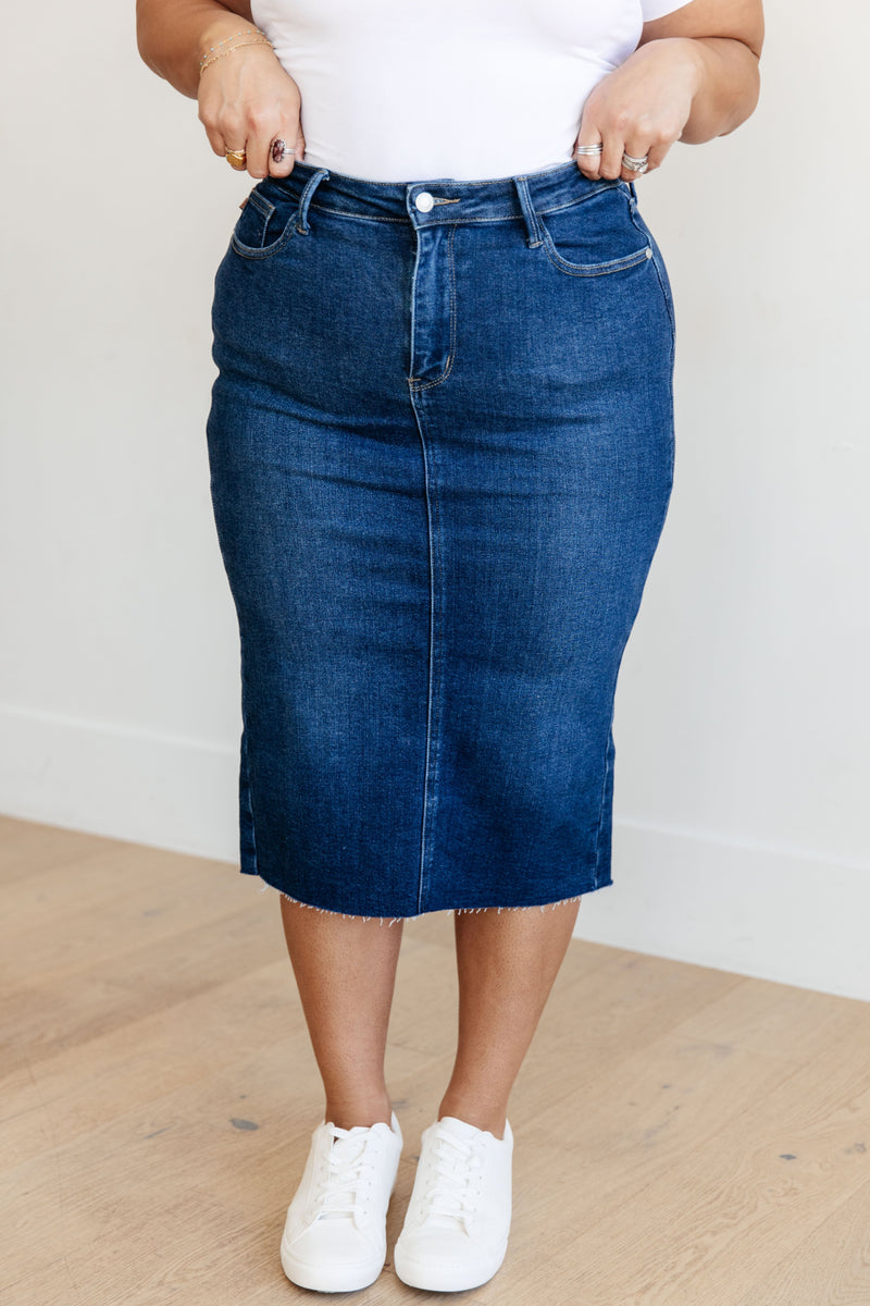 Marcy High Rise Denim Midi Skirt - Kayes Boutique