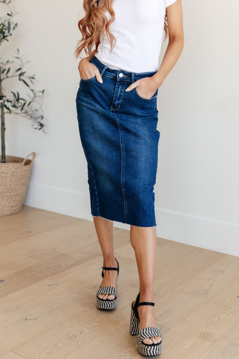 Marcy High Rise Denim Midi Skirt - Kayes Boutique