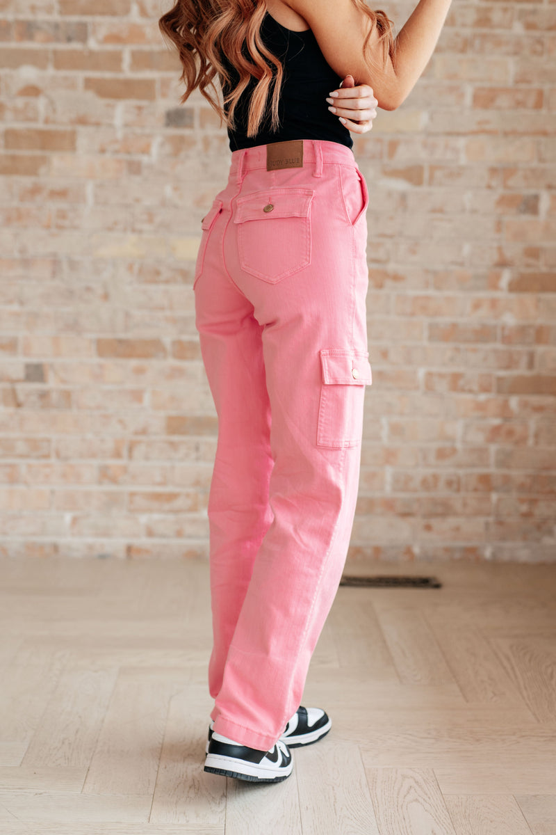 Peggy High Rise Cargo Straight Jeans in Pink - Kayes Boutique