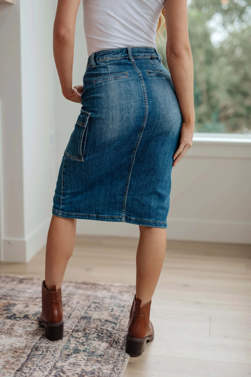 Back view of Always Be There Cargo Denim Skirt with faux pockets.