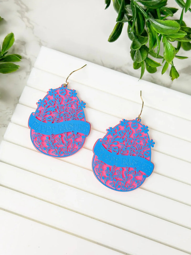 PREORDER: Blooming Floral Happy Easter Egg Dangle Earrings in Two Colors - Kayes Boutique