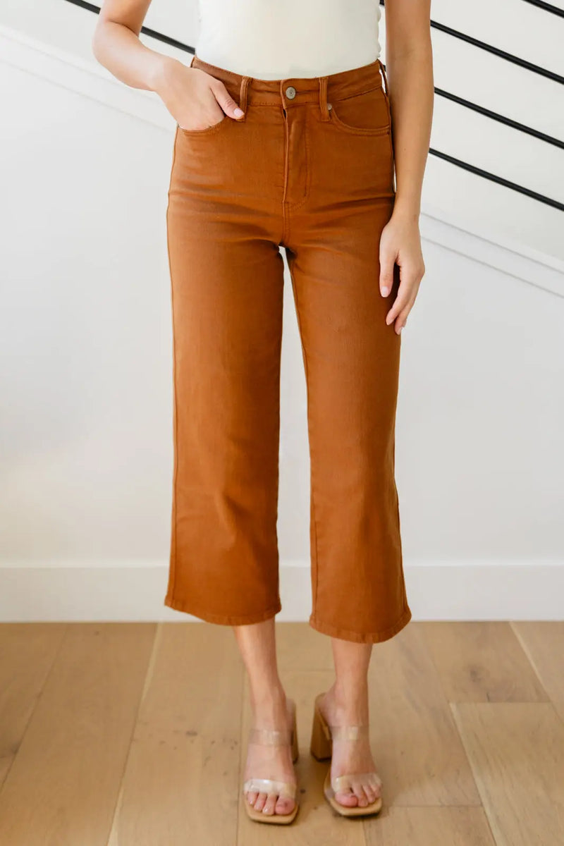 Briar High Rise Control Top Wide Leg Crop Jeans in Camel - Kayes Boutique