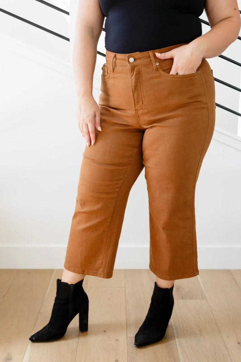 Briar High Rise Control Top Wide Leg Crop Jeans in Camel - Kayes Boutique