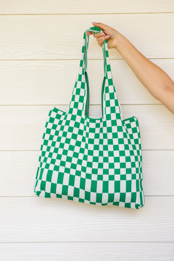 Checkerboard Lazy Wind Big Bag in Green & White - Kayes Boutique