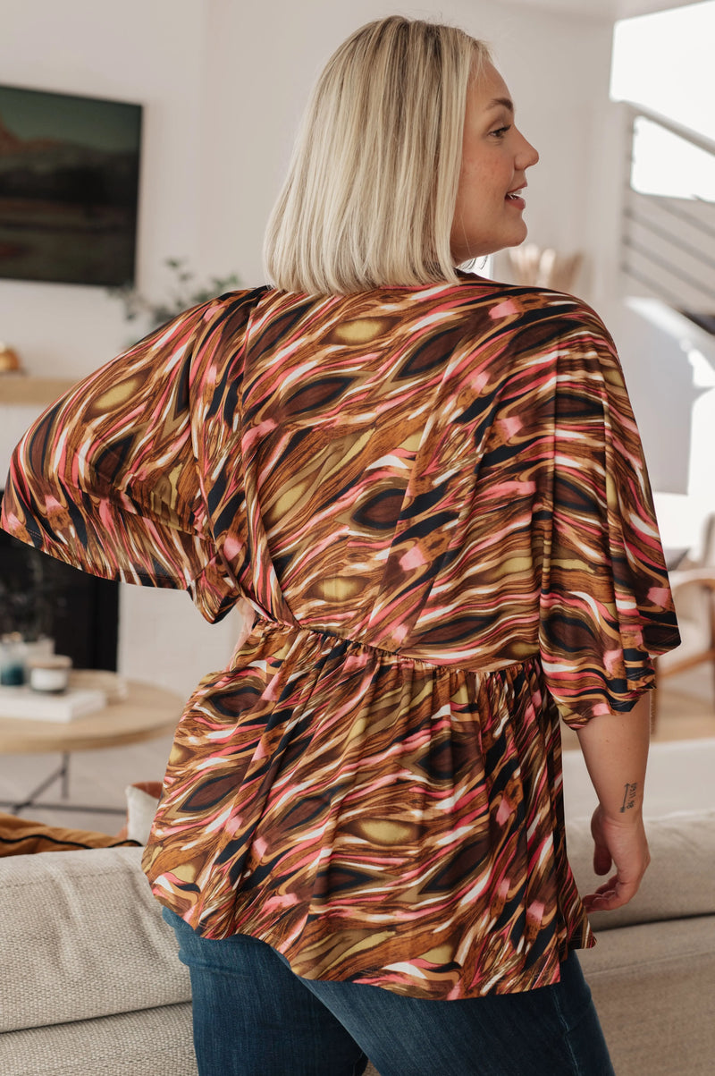 Dearest Dreamer Peplum Top in Abstract Mocha - Kayes Boutique