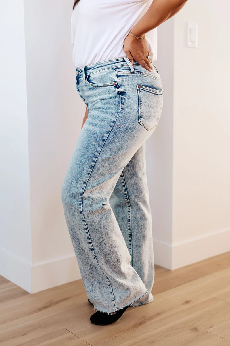 Dory High Waist Mineral Wash Raw Hem Wide Leg Jeans - Kayes Boutique