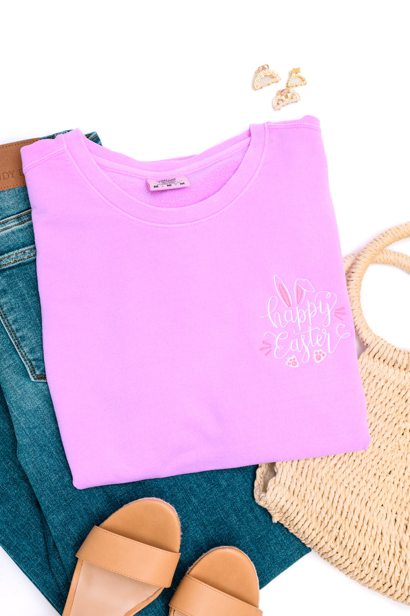 PREORDER: Embroidered Happy Easter Sweatshirt in Violet - Kayes Boutique
