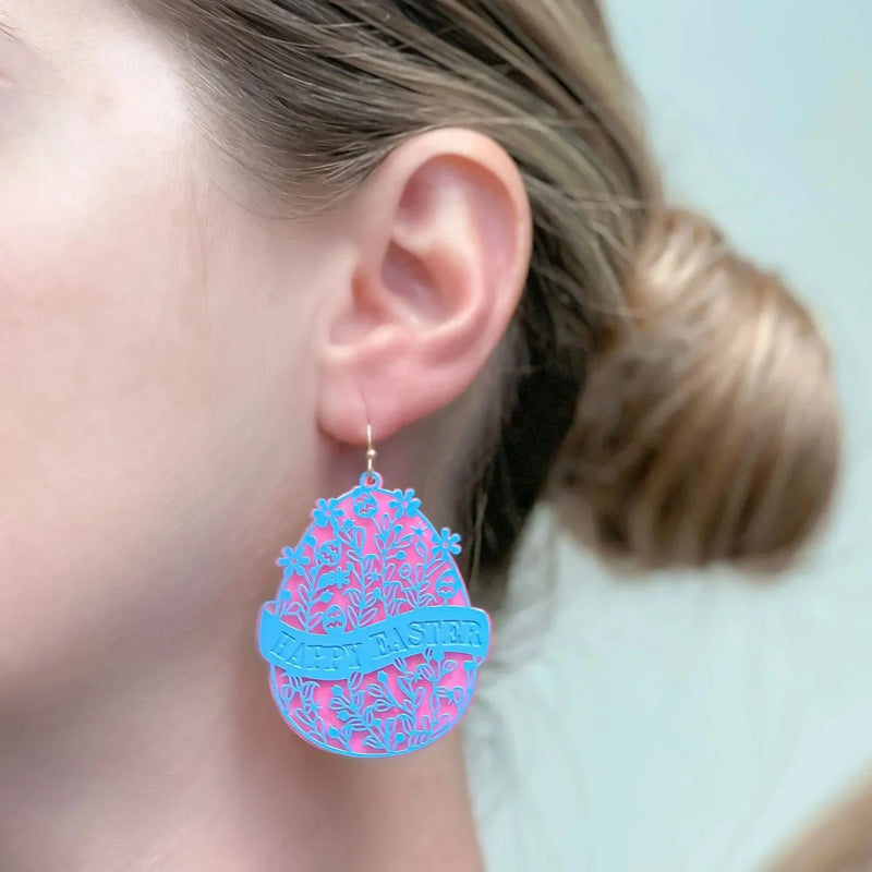 PREORDER: Blooming Floral Happy Easter Egg Dangle Earrings in Two Colors - Kayes Boutique