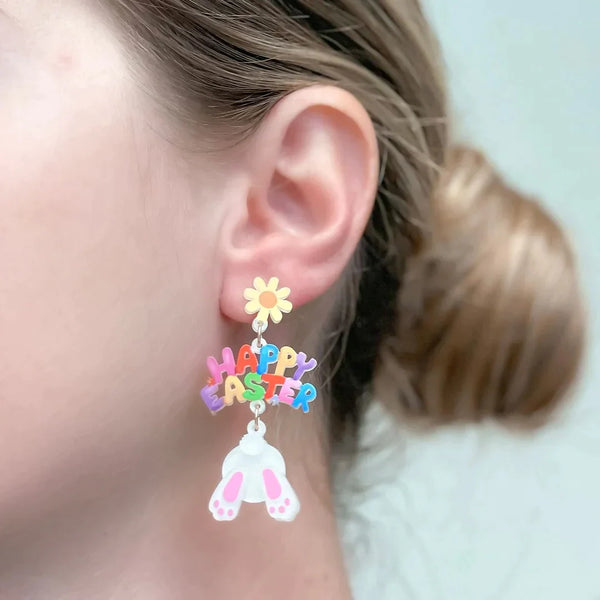 PREORDER: Happy Easter Bunny Tail Dangle Earrings - Kayes Boutique
