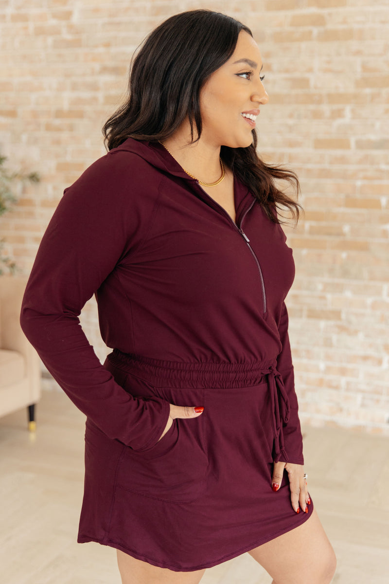 Getting Out Long Sleeve Hoodie Romper in Maroon - Kayes Boutique