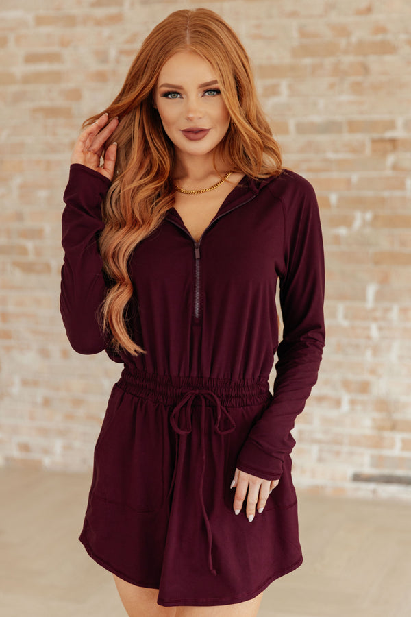 Getting Out Long Sleeve Hoodie Romper in Maroon - Kayes Boutique