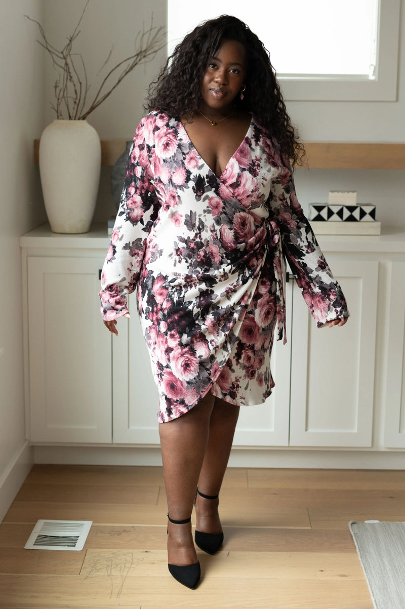 Kaye's boutique Honey Do I Ever Faux Wrap Dress in White Floral