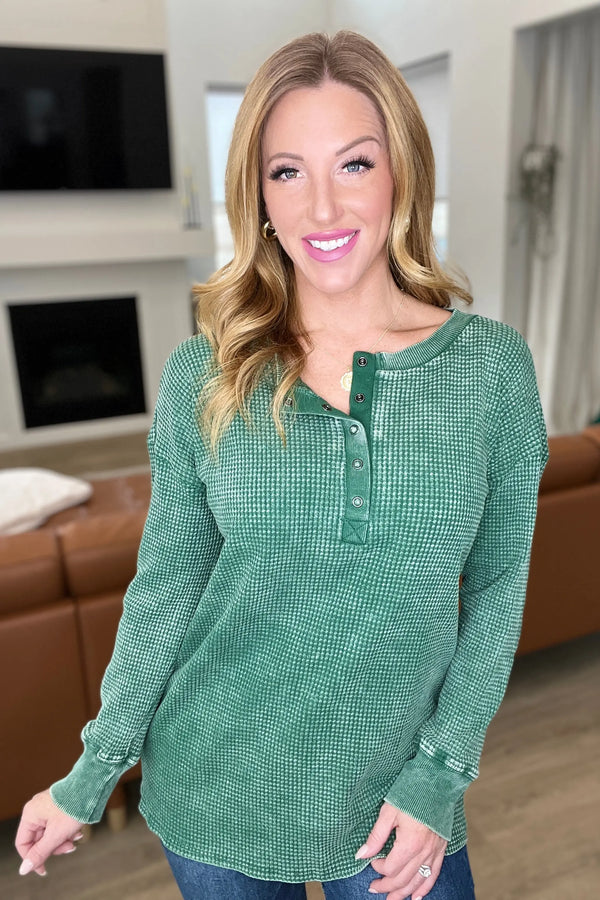 Mineral Wash Baby Waffle Henley in Dark Green - Kayes Boutique