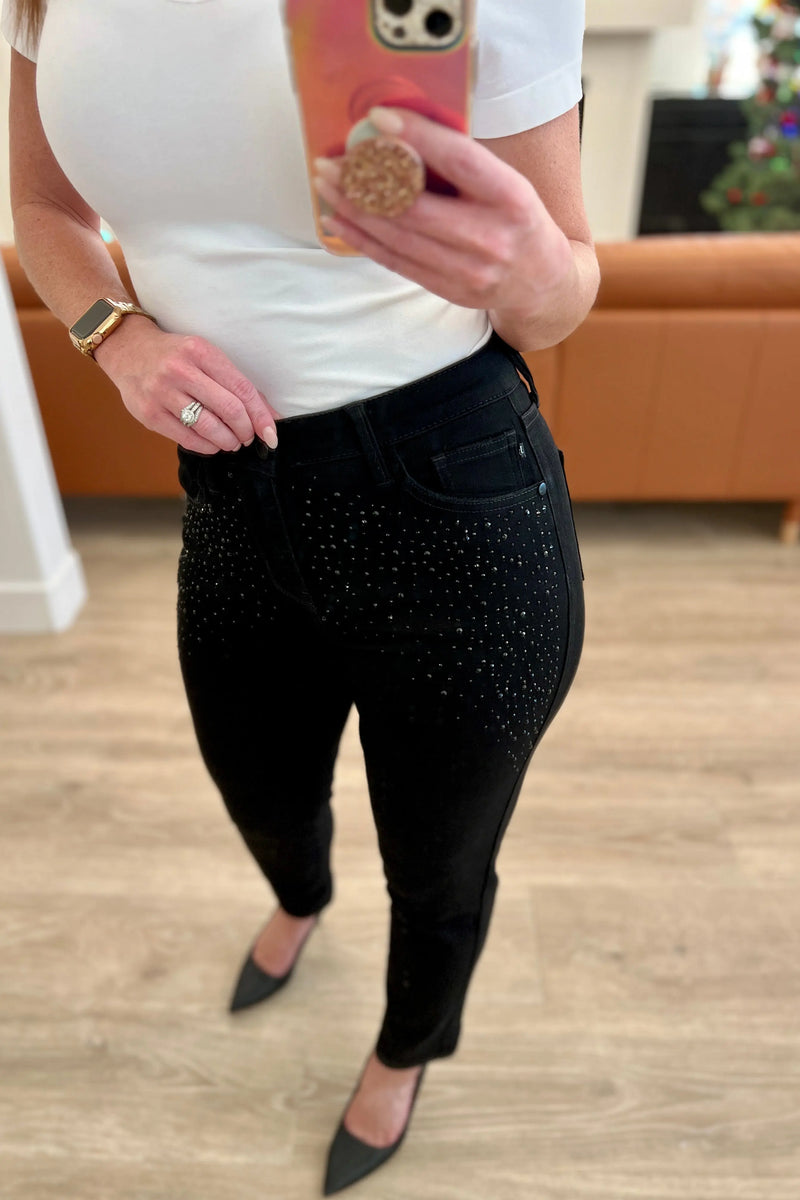 Reese Rhinestone Slim Fit Jeans in Black - Kayes Boutique