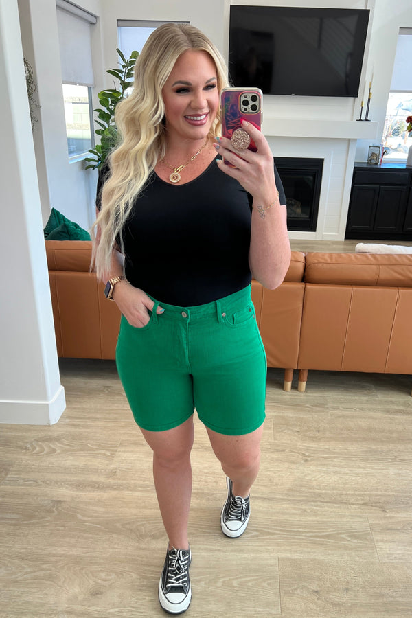Jenna High Rise Control Top Cuffed Shorts in Green - Kayes Boutique